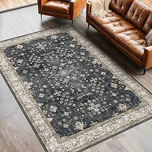 Black Boho Living Room Rug 5×7, Washable Dark Vintage Moody Low Pile Non Slip Carpet for Bedroom, Dinning Room, Office, Farmhouse, Retro Area Rug Indoor (5×7 Black/Multi)